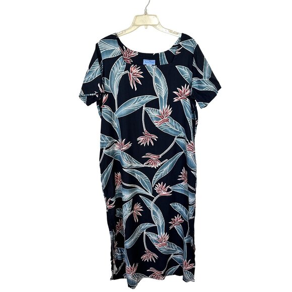 Womens Vtg Shift Midi Dress Anna Ocean Black Floral Silk XL Hawaiian Tropical - Picture 1 of 7